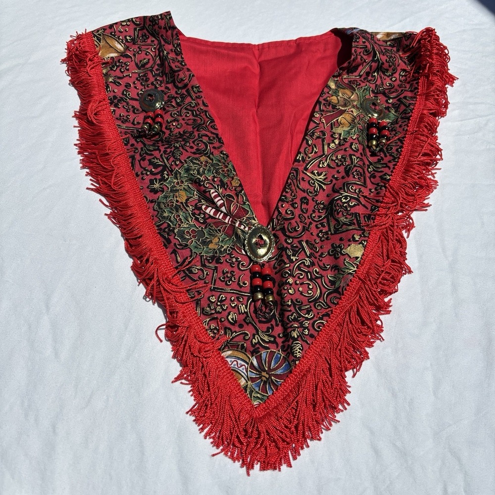 Vintage Western Fringe Conchos Metal Grommets V Neck Red Christmas Over The Head